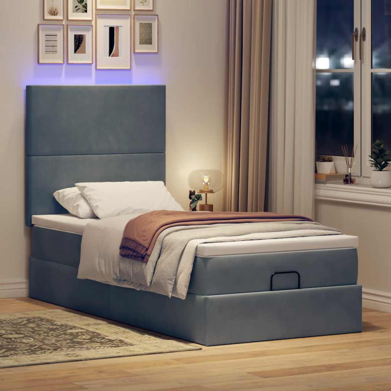 Ottoman-Bett mit Matratzen & LEDs Dunkelgrau 100x200 cm Samt