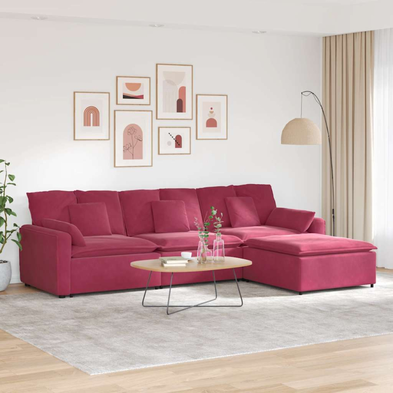 Modulares Sofa mit Fußhocker und Kissen Weinrot