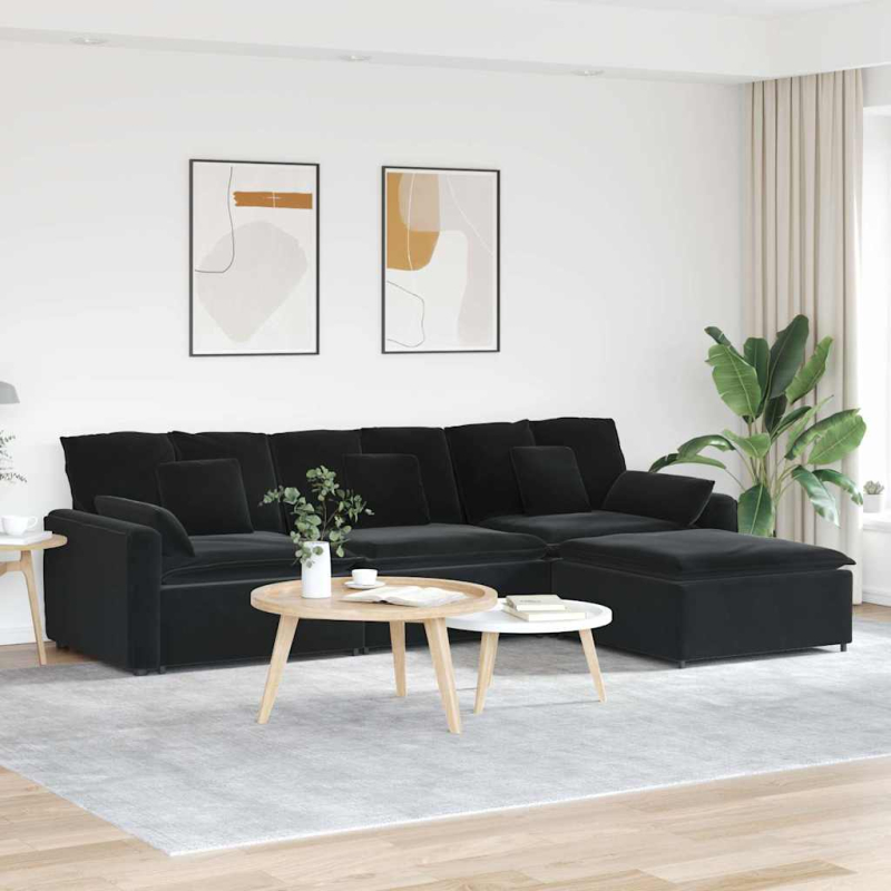 Modulares Sofa mit Fußhocker und Kissen Schwarz