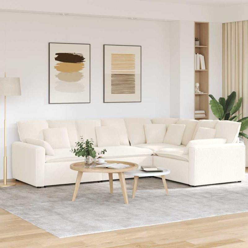 Modulares Sofa mit Kissen Stoff in Lammwolloptik Creme