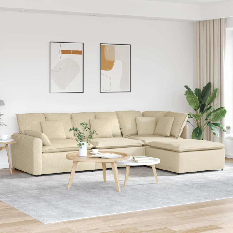 Modulares Sofa mit Fußhocker Kissen Stoff Creme