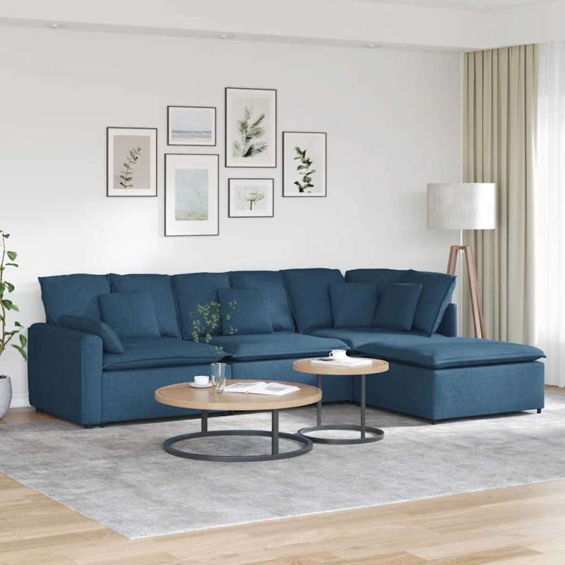 Modulares Sofa mit Fußhocker Kissen Stoff Blau