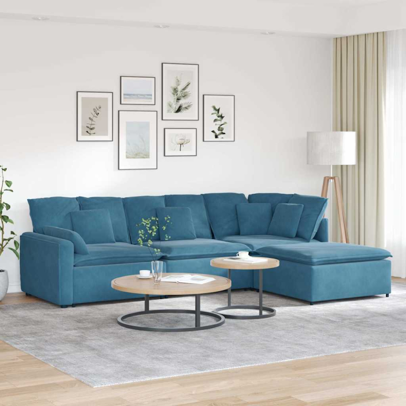 Modulares Sofa mit Fußhocker Kissen Samt Blau
