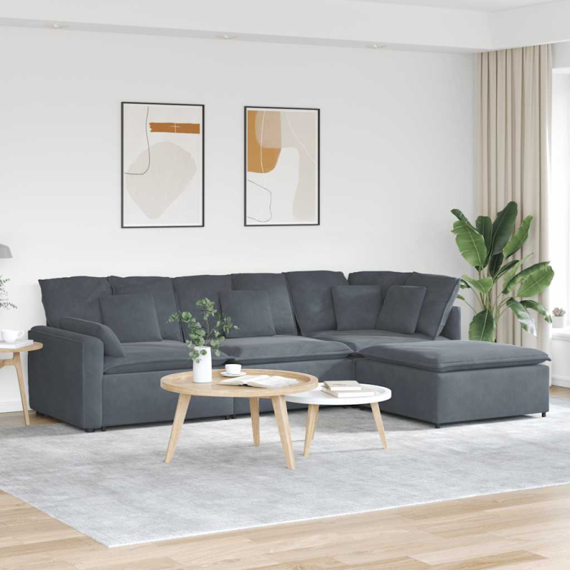 Modulares Sofa mit Fußhocker Kissen Samt Dunkelgrau