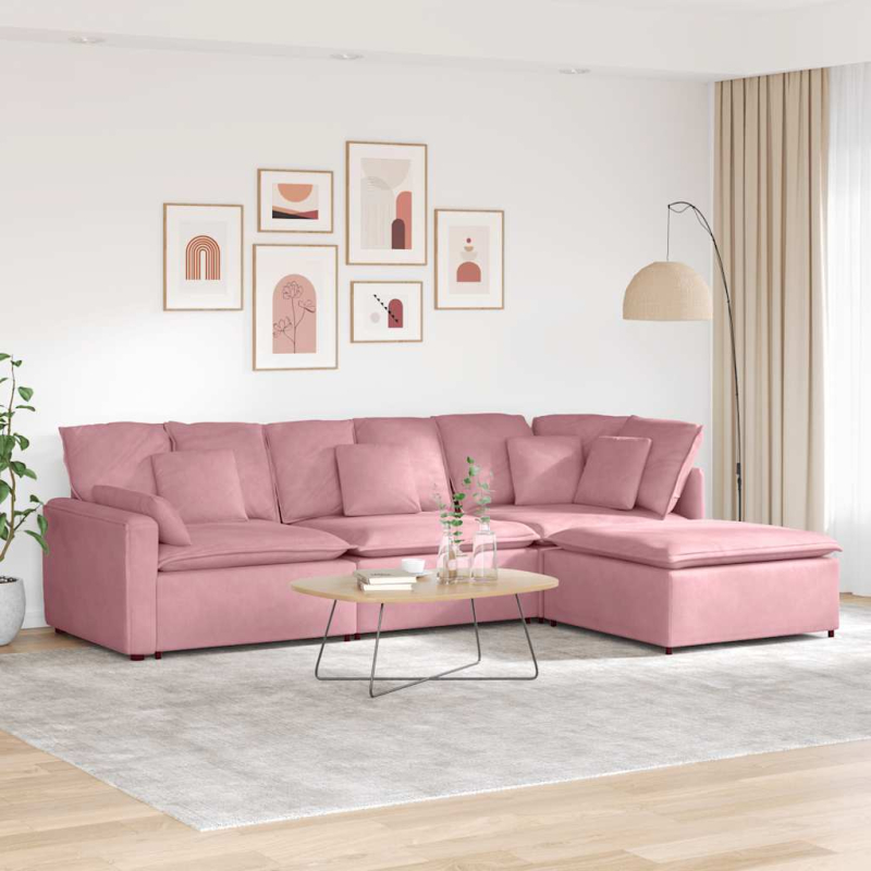 Modulares Sofa mit Fußhocker Kissen Samt Rosa