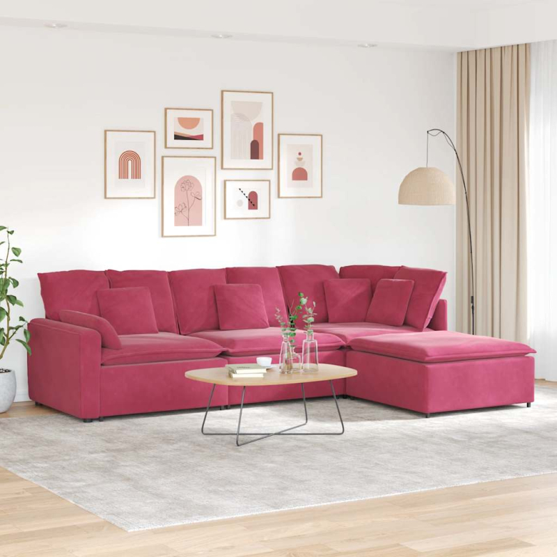 Modulares Sofa mit Fußhocker Kissen Samt Weinrot