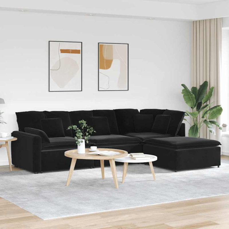 Modulares Sofa mit Fußhocker Kissen Samt Schwarz