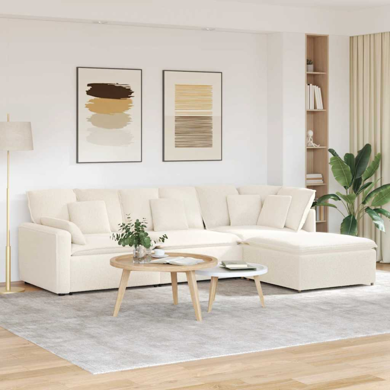 Modulares Sofa mit Hocker Kissen Stoff in Lammwolloptik Creme