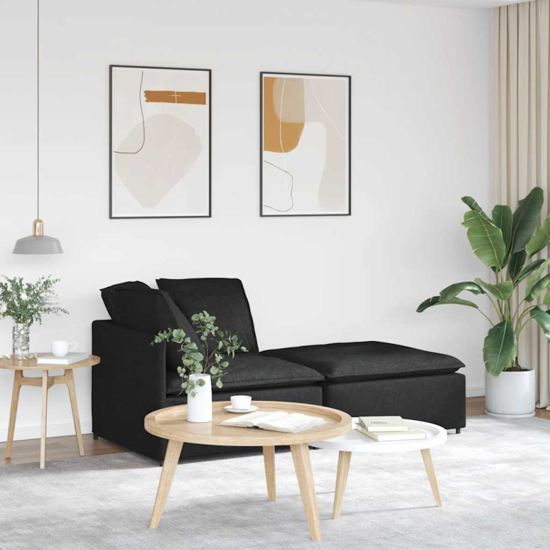 Modulares Sofa mit Fußhocker Kissen Stoff Schwarz