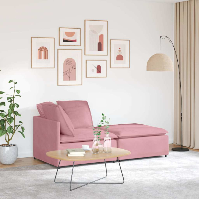 Modulares Sofa mit Fußhocker Kissen Samt Rosa