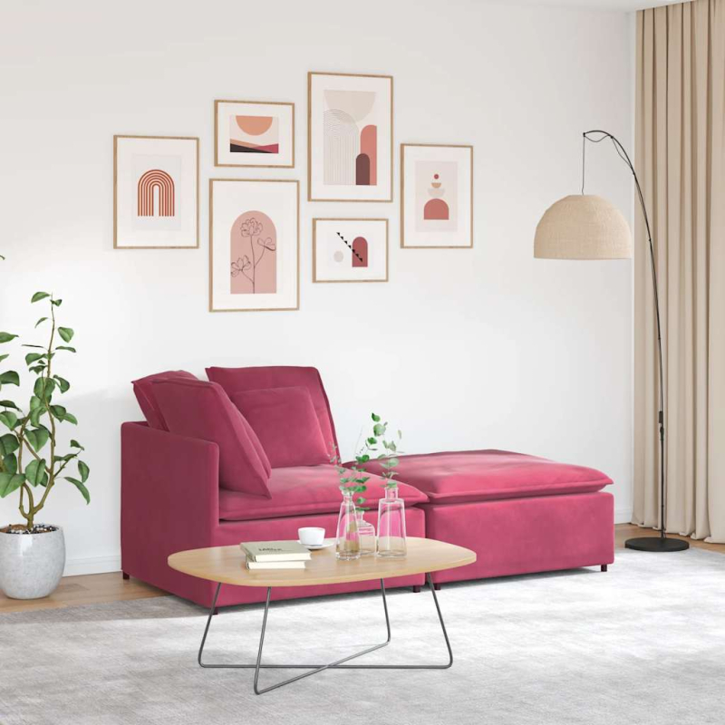 Modulares Sofa mit Fußhocker Kissen Samt Weinrot