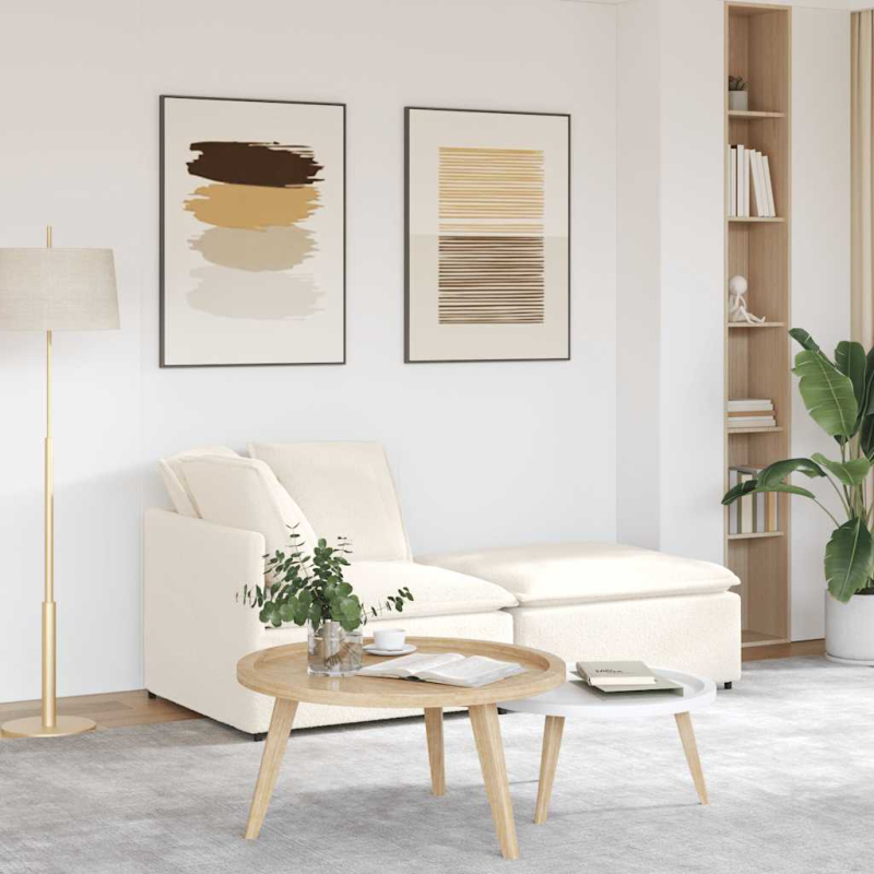 Modulares Sofa mit Hocker Kissen Stoff in Lammwolloptik Creme