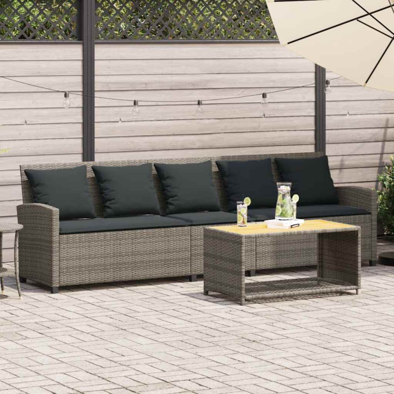 Gartensofa 5-Sitzer mit Kissen Grau Poly Rattan