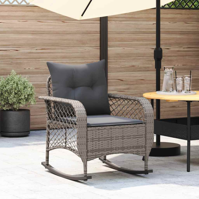 Garten-Schaukelstuhl mit Kissen Grau Poly Rattan