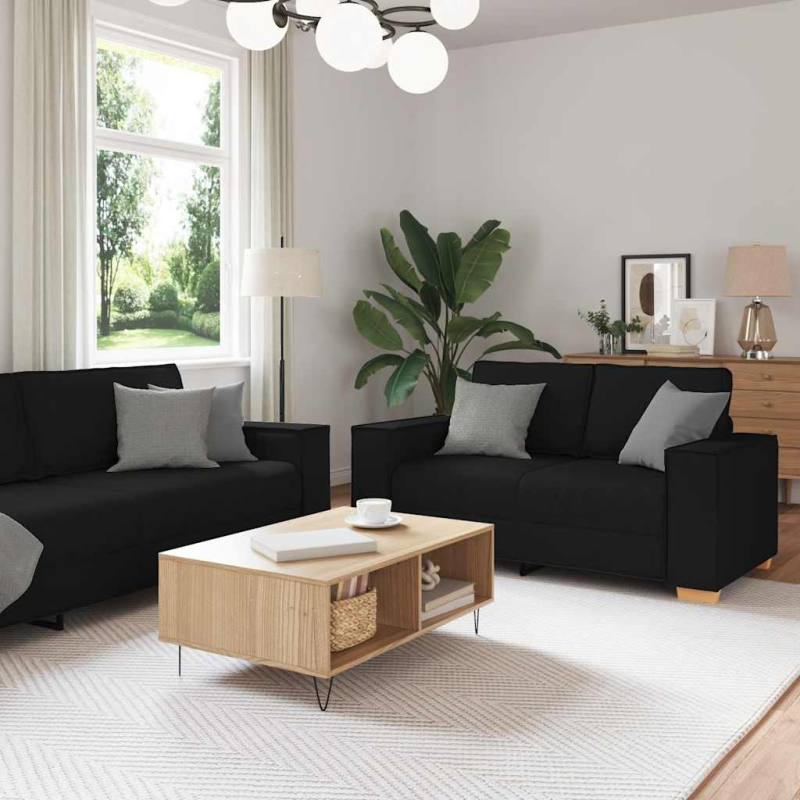 2-tlg. Sofagarnitur mit Kissen Schwarz Stoff