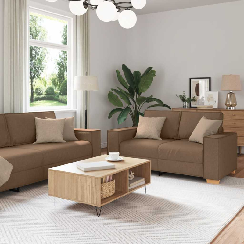 2-tlg. Sofagarnitur mit Kissen Braun Stoff