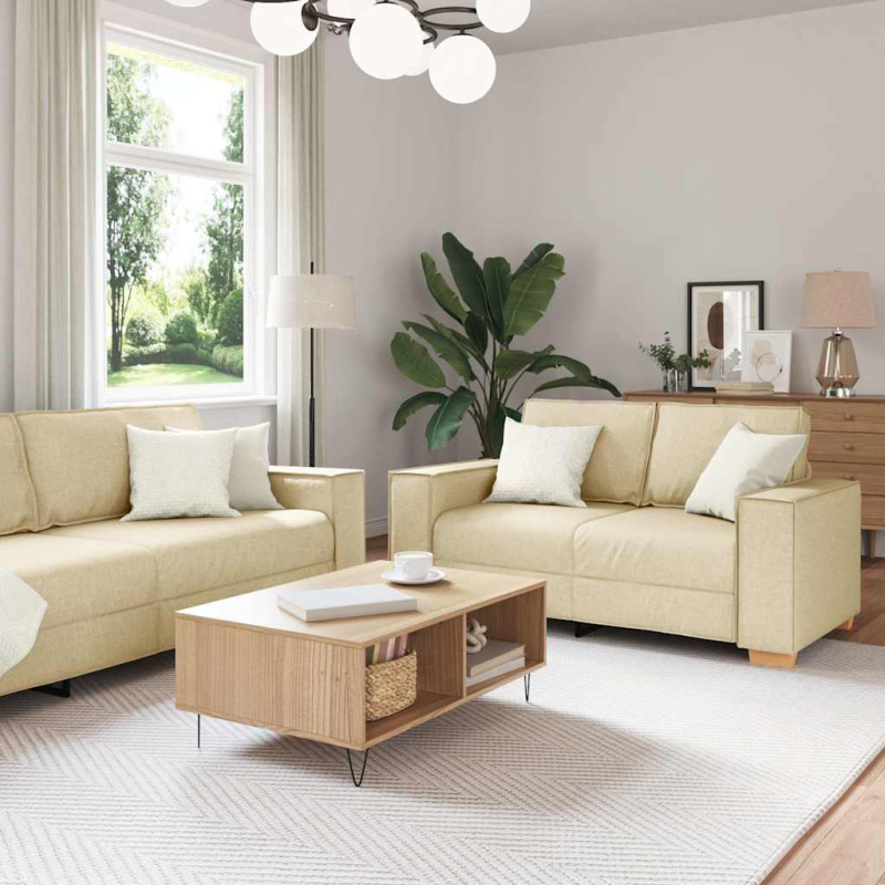 2-tlg. Sofagarnitur mit Kissen Creme Stoff