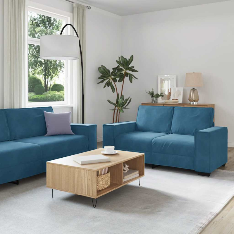 2-tlg. Sofagarnitur mit Kissen Blau Samt