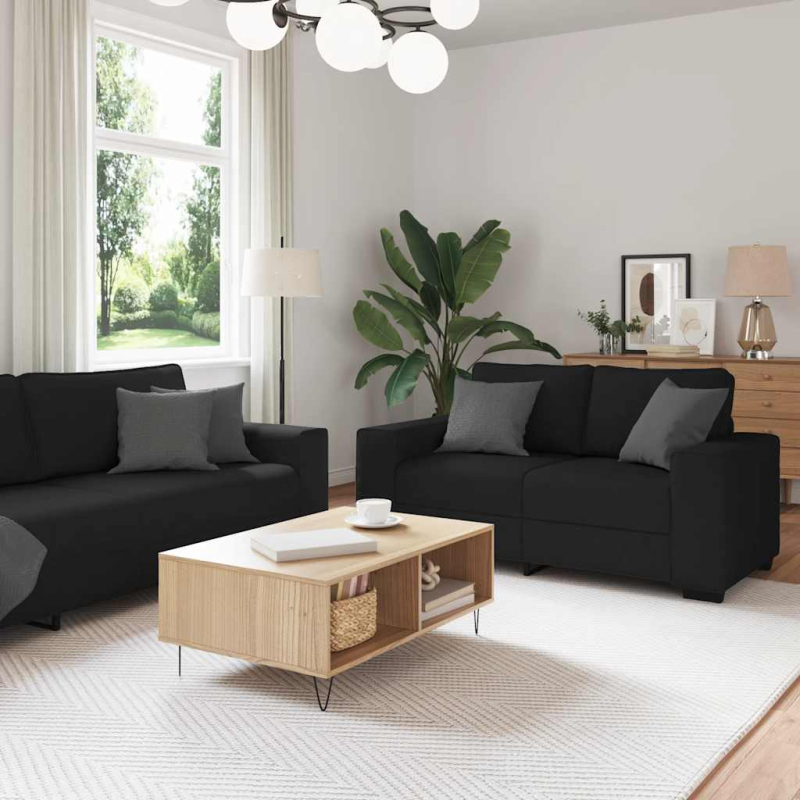 2-tlg. Sofagarnitur mit Kissen Schwarz Stoff