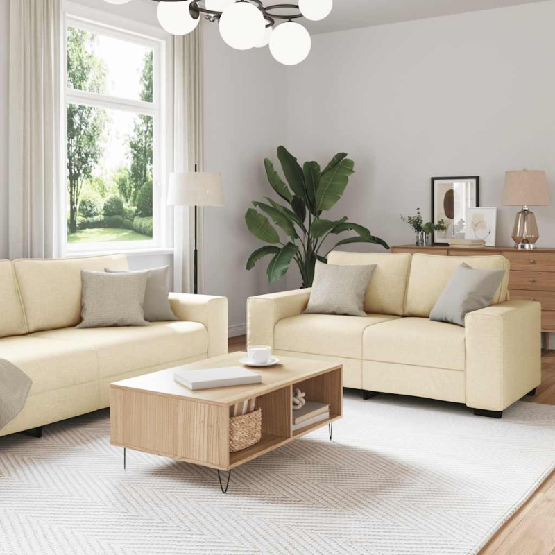 2-tlg. Sofagarnitur mit Kissen Creme Stoff