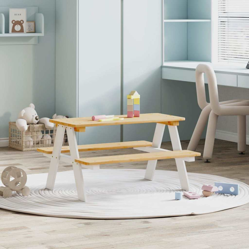 Kindertisch mit Bänken IRUN Weiß 90x79,5x50 cm Massivholz