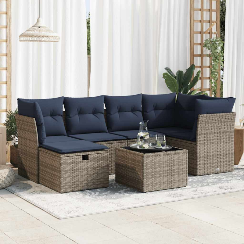 7-tlg. Garten-Sofagarnitur mit Kissen Grau Poly Rattan