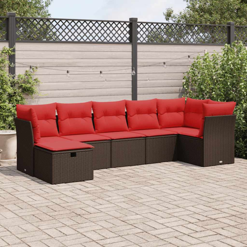 7-tlg. Garten-Sofagarnitur mit Kissen Braun Poly Rattan
