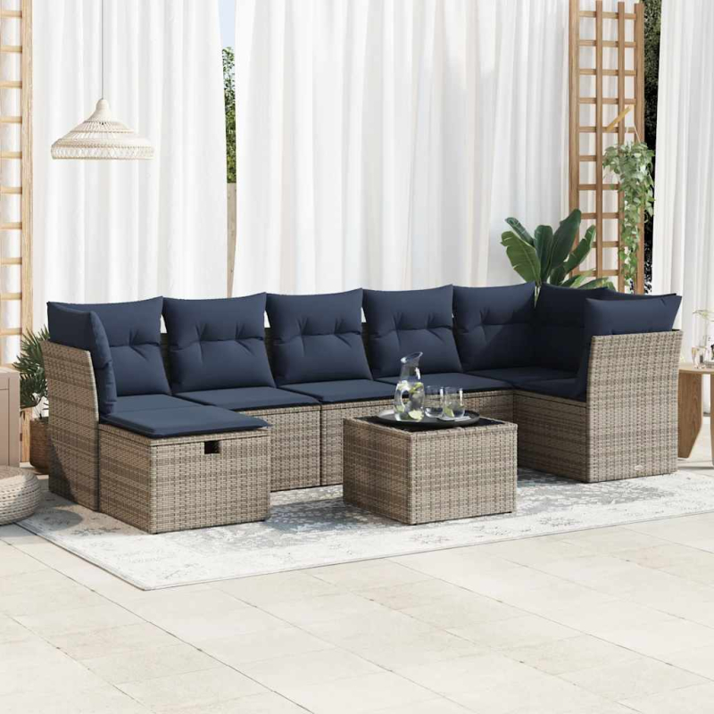 8-tlg. Garten-Sofagarnitur mit Kissen Grau Poly Rattan