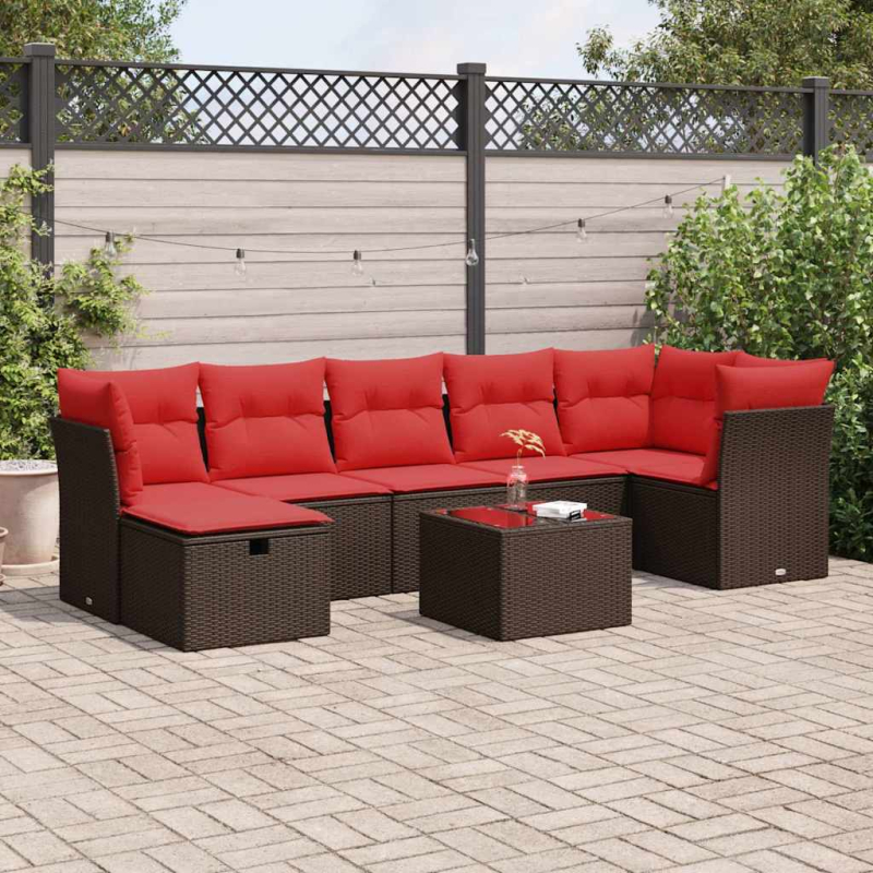 8-tlg. Garten-Sofagarnitur mit Kissen Braun Poly Rattan