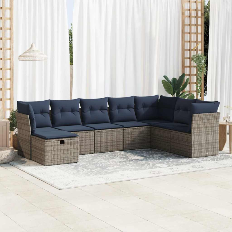8-tlg. Garten-Sofagarnitur mit Kissen Grau Poly Rattan