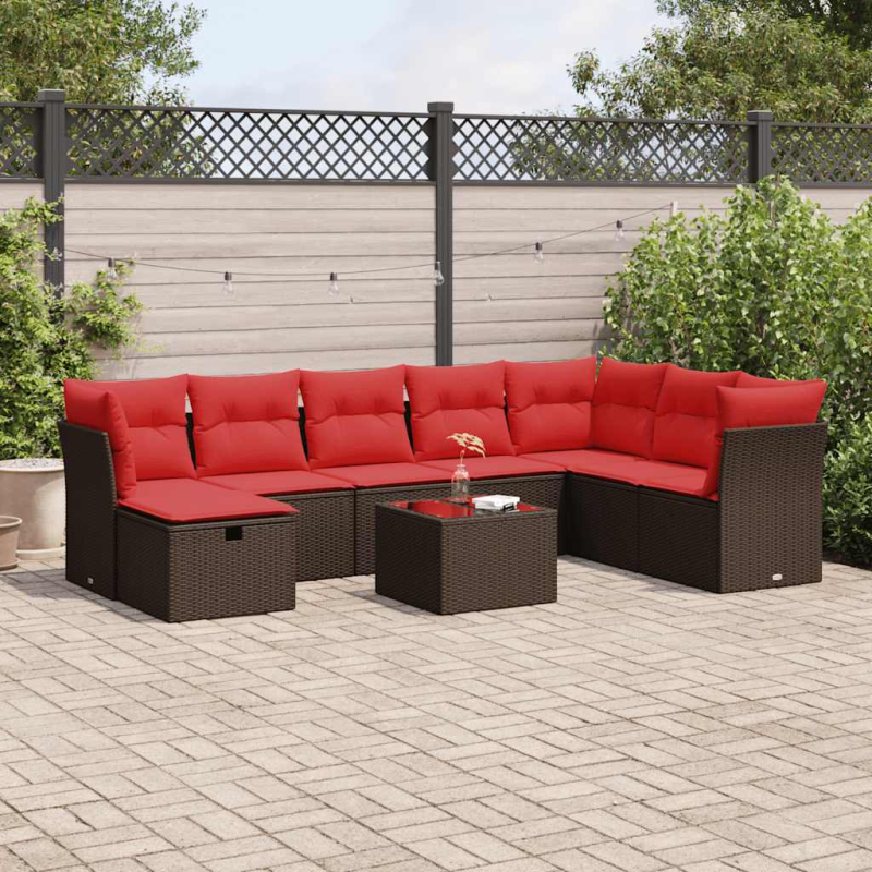 9-tlg. Garten-Sofagarnitur mit Kissen Braun Poly Rattan