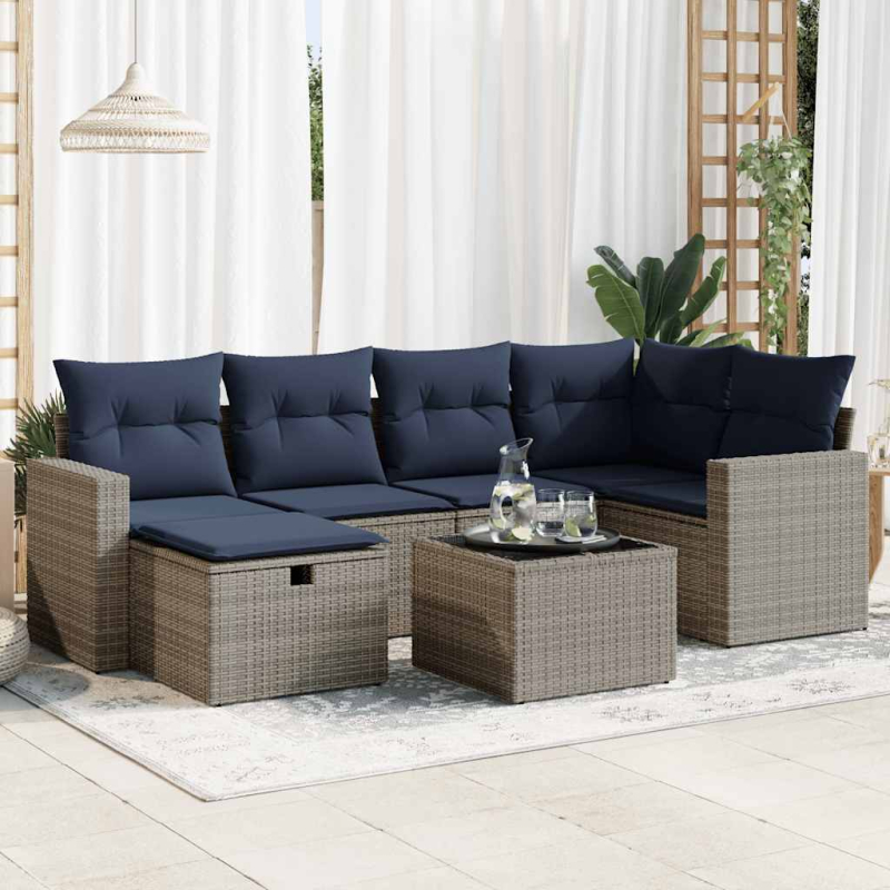 7-tlg. Garten-Sofagarnitur mit Kissen Grau Poly Rattan