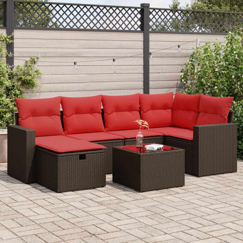 7-tlg. Garten-Sofagarnitur mit Kissen Braun Poly Rattan