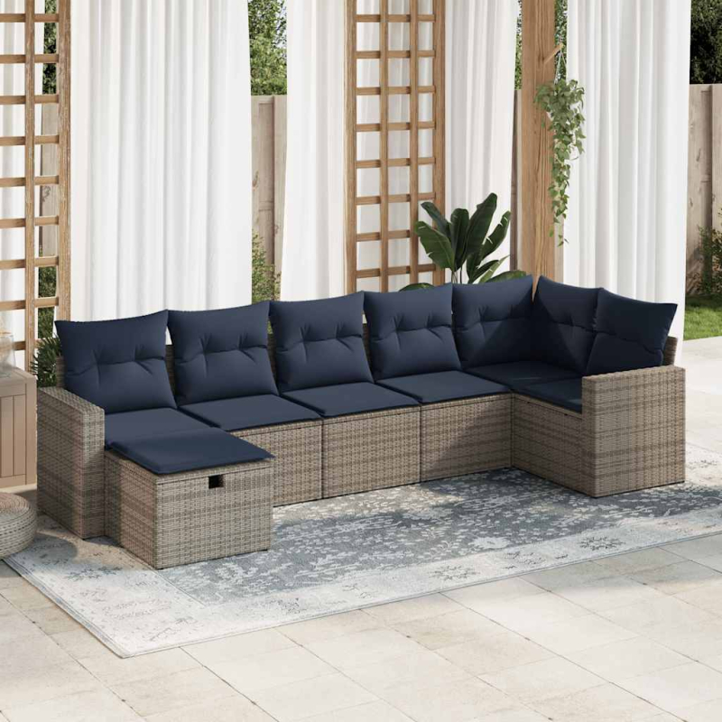 7-tlg. Garten-Sofagarnitur mit Kissen Grau Poly Rattan