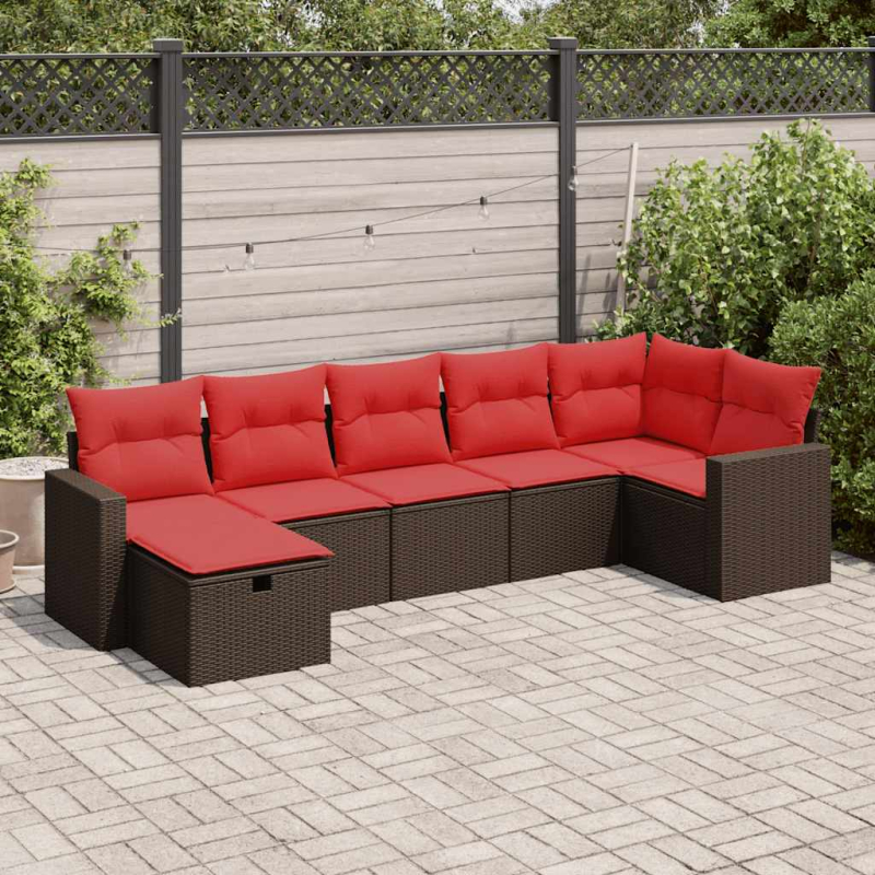 7-tlg. Garten-Sofagarnitur mit Kissen Braun Poly Rattan