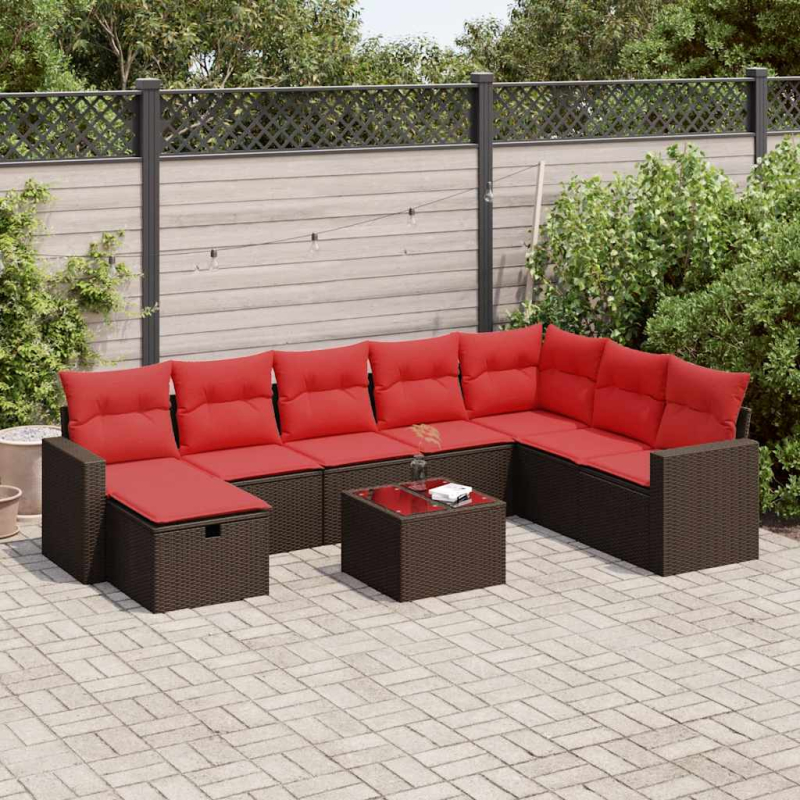9-tlg. Garten-Sofagarnitur mit Kissen Braun Poly Rattan