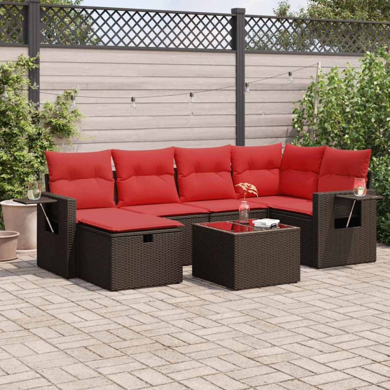 7-tlg. Garten-Sofagarnitur mit Kissen Braun Poly Rattan