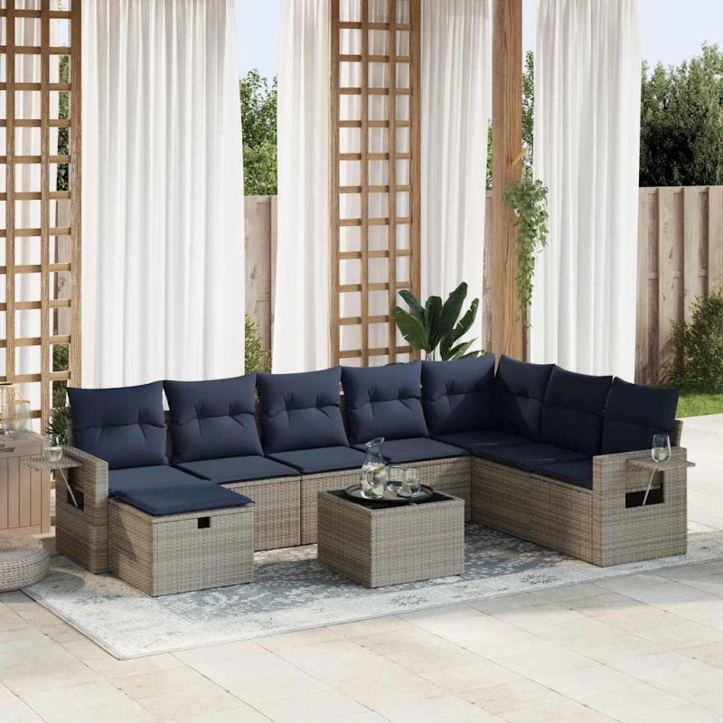 9-tlg. Garten-Sofagarnitur mit Kissen Grau Poly Rattan