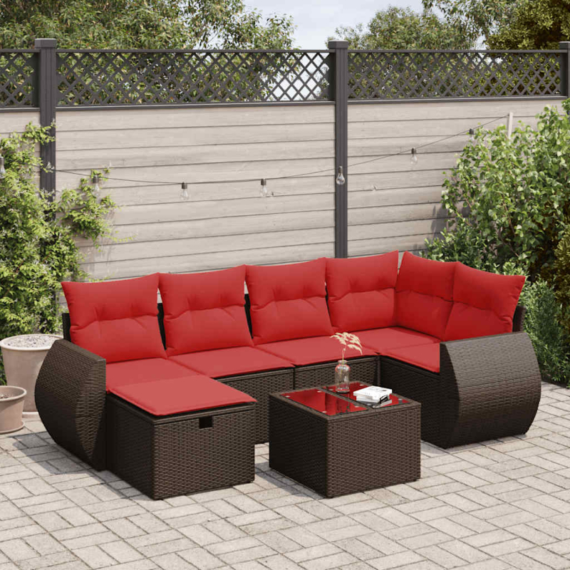 7-tlg. Garten-Sofagarnitur mit Kissen Braun Poly Rattan