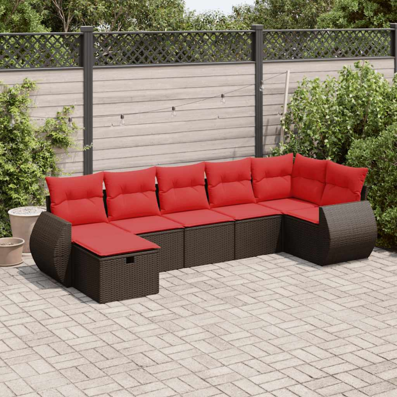 7-tlg. Garten-Sofagarnitur mit Kissen Braun Poly Rattan