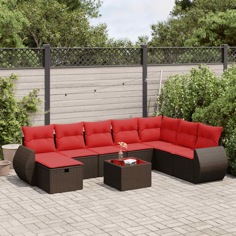 9-tlg. Garten-Sofagarnitur mit Kissen Braun Poly Rattan