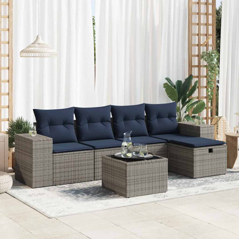 6-tlg. Garten-Sofagarnitur mit Kissen Grau Poly Rattan