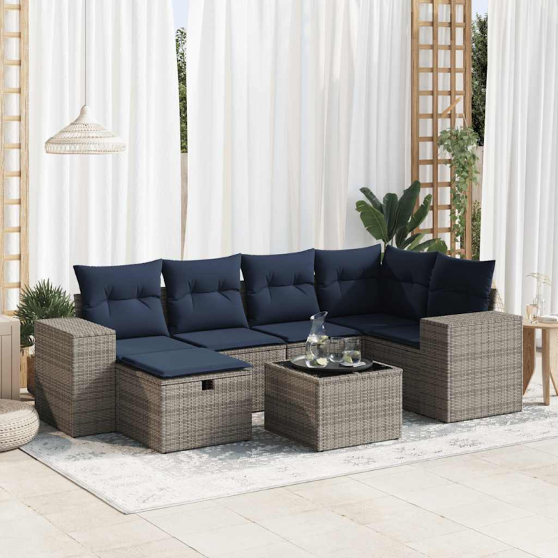 7-tlg. Garten-Sofagarnitur mit Kissen Grau Poly Rattan