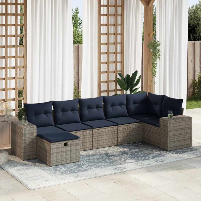 7-tlg. Garten-Sofagarnitur mit Kissen Grau Poly Rattan