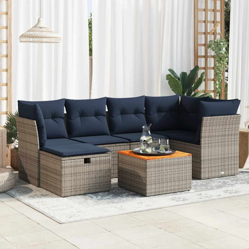 7-tlg. Garten-Sofagarnitur mit Kissen Grau Poly Rattan