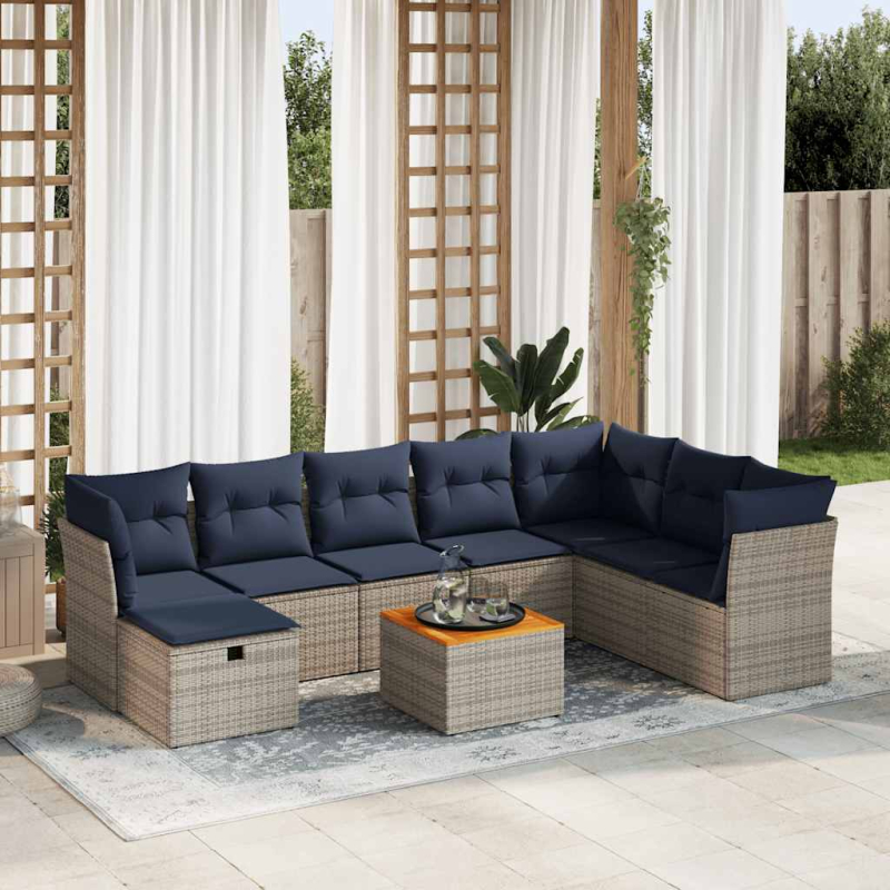 9-tlg. Garten-Sofagarnitur mit Kissen Grau Poly Rattan