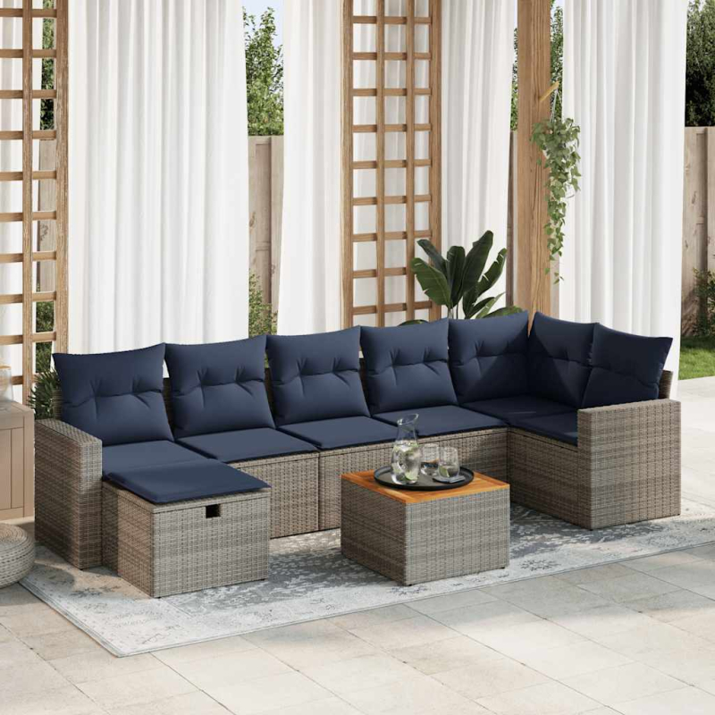 8-tlg. Garten-Sofagarnitur mit Kissen Grau Poly Rattan