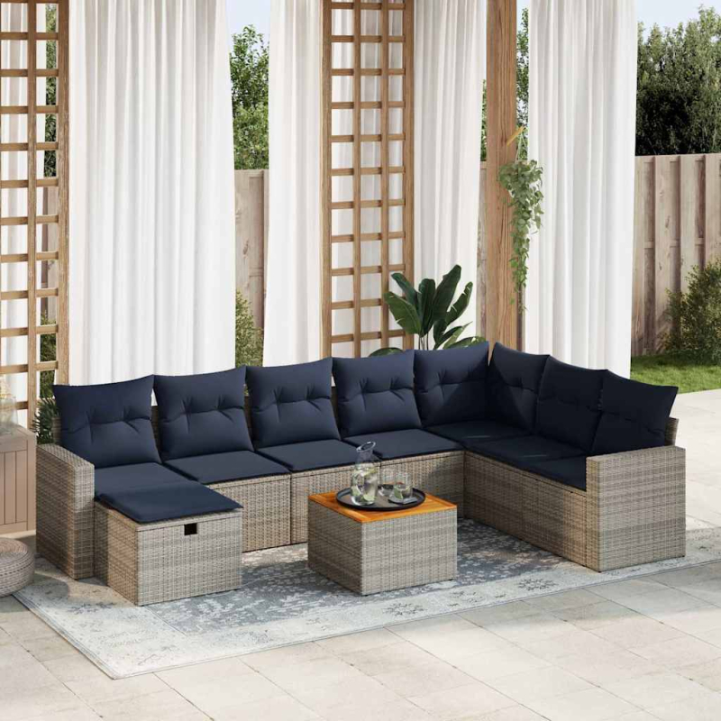 9-tlg. Garten-Sofagarnitur mit Kissen Grau Poly Rattan