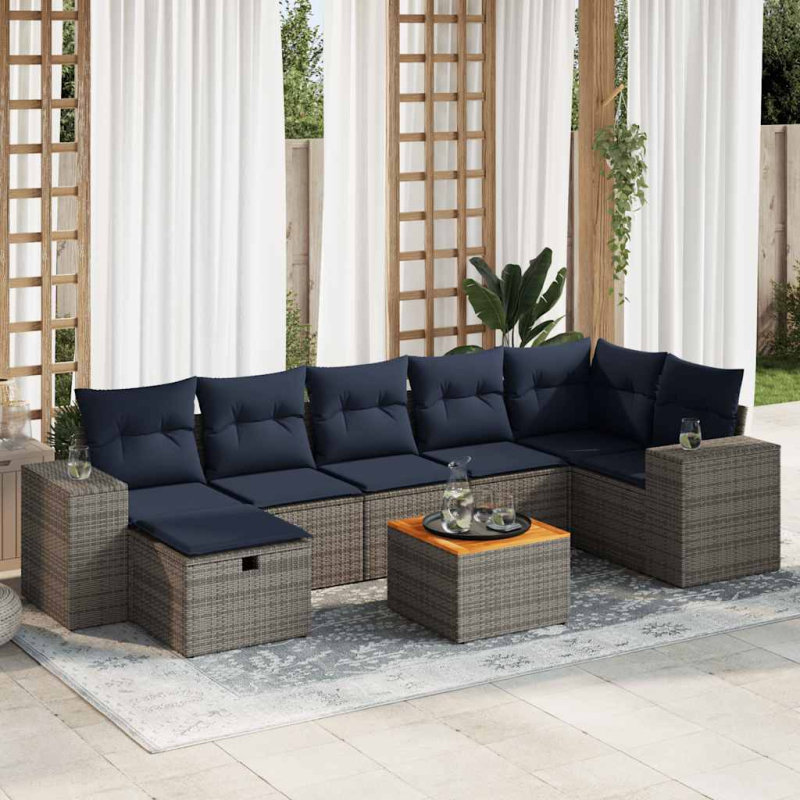 8-tlg. Garten-Sofagarnitur mit Kissen Grau Poly Rattan