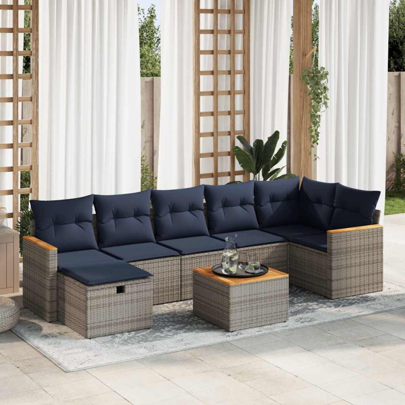 8-tlg. Garten-Sofagarnitur mit Kissen Grau Poly Rattan